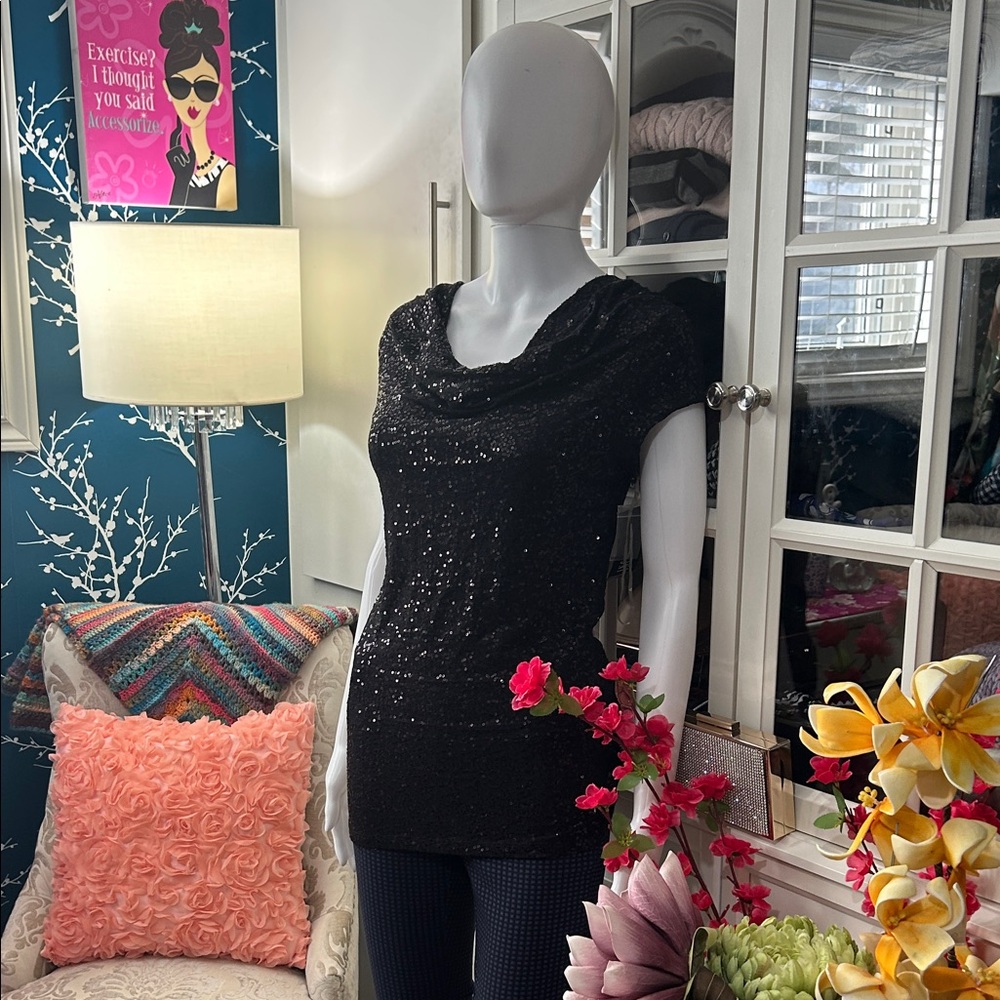 INC International Concepts Black Sequin Cowl-Neck Short Sleeve Top
